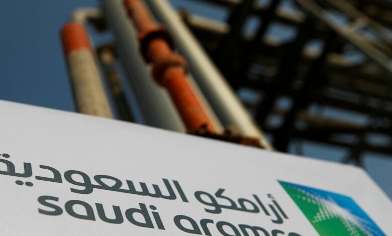 Saudi Aramco logo is pictured at the oil facility in Abqaiq