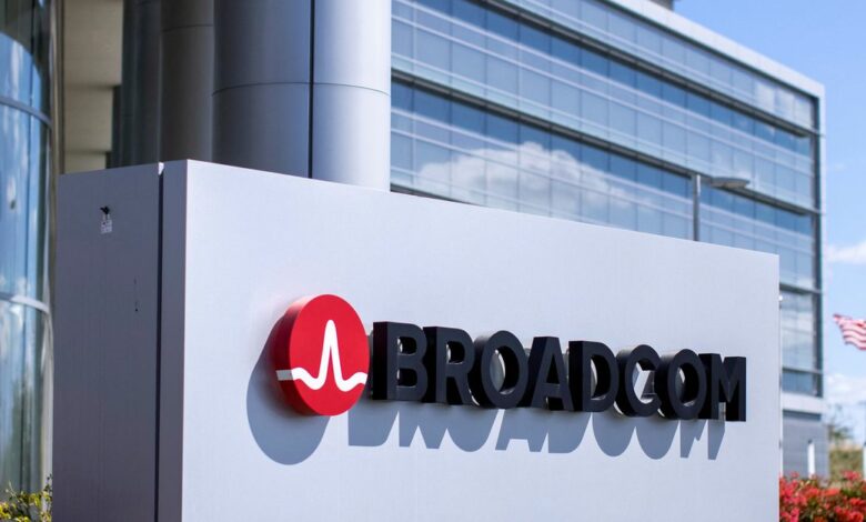 The Broadcom Limited company logo is shown outside one of their office complexes in Irvine, California