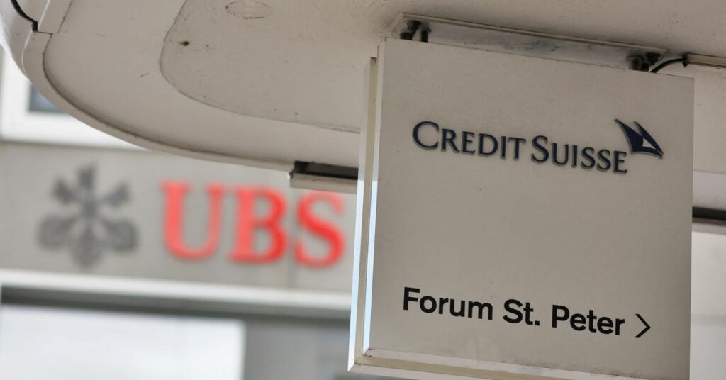 Logos of Swiss bank UBS and Credit Suisse in Zurich