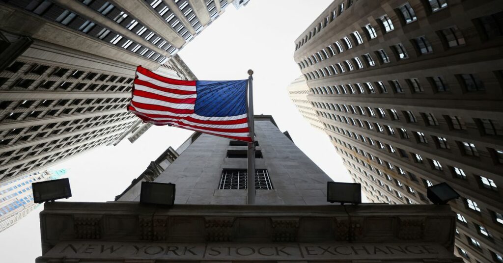 A U.S. flag is seen outside the New York Stock Exchange (NYSE) in New York City