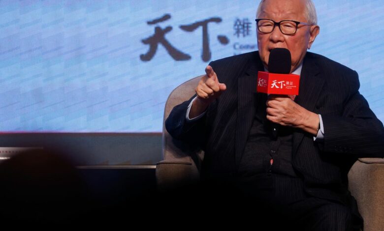 Morris Chang, the founder of the Taiwan Semiconductor Manufacturing Company (TSMC), speaks on stage during a Chip War book event in Taipei