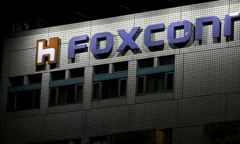 The logo of Foxconn is seen outside a company's building in Taipei, Taiwan