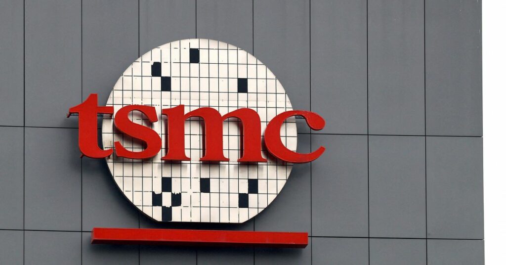 A logo of Taiwanse chip giant TSMC can be seen in Tainan,