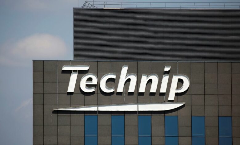The logo of French oil engineering group Technip is seen on top of the company's headquarters in the financial and business district in La Defense at Courbevoie near Paris
