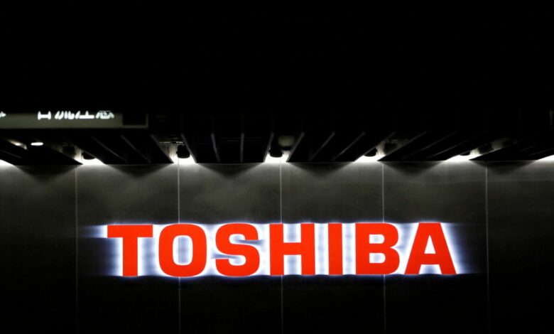 The logo of Toshiba Corp. is seen at the company