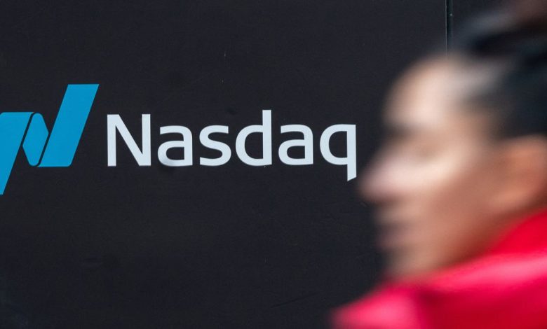 The Nasdaq logo is displayed at the Nasdaq Market site in Times Square in New York