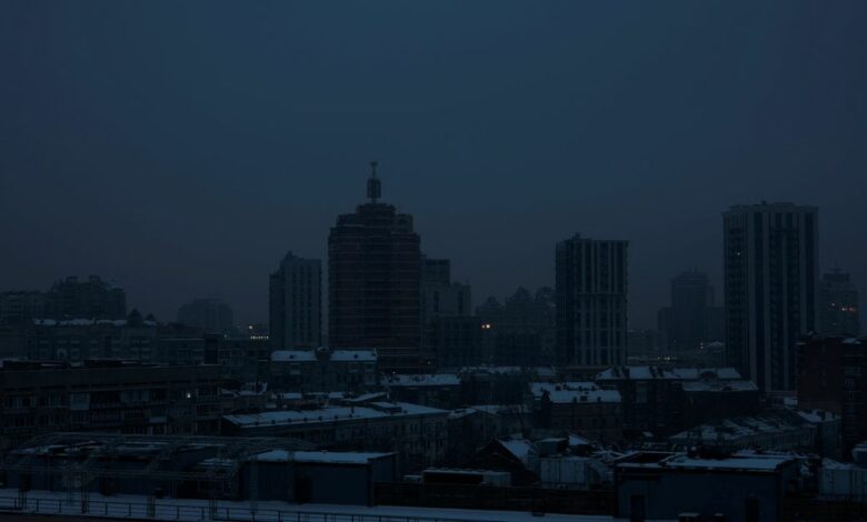 A view shows the city without electricity after critical civil infrastructure was hit by Russian missile attacks in Kyiv