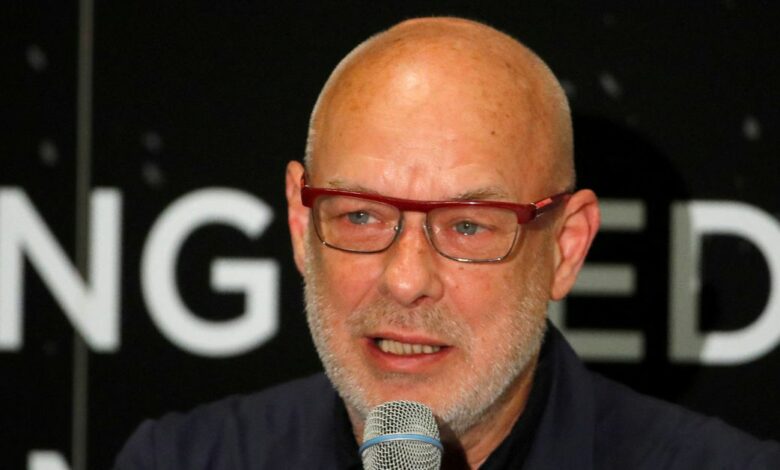 British music producer Brian Eno addresses a news conference of the Starmus Festival V in Zurich