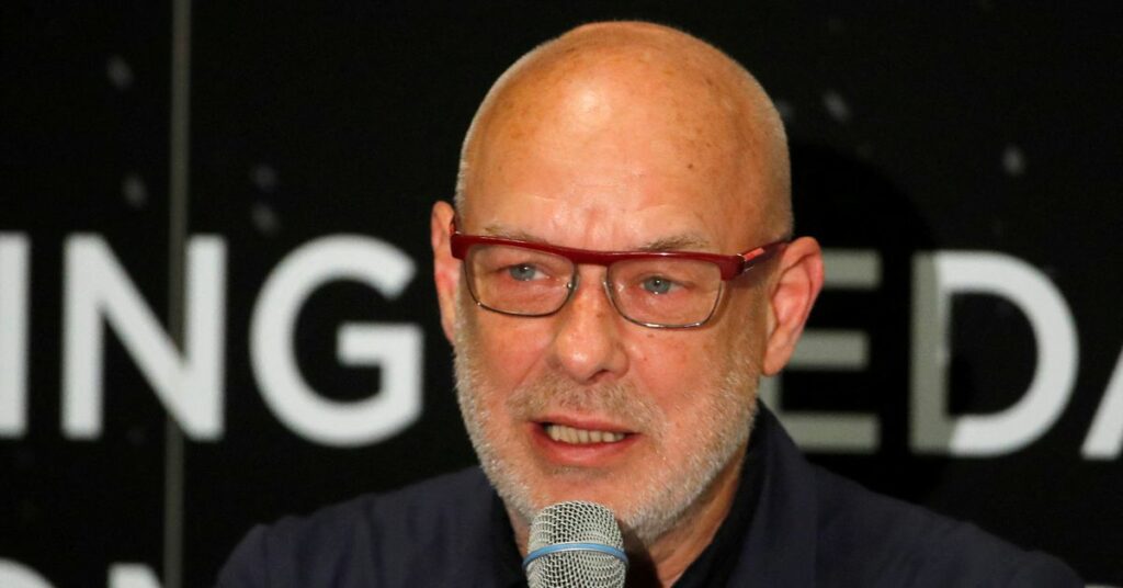 British music producer Brian Eno addresses a news conference of the Starmus Festival V in Zurich