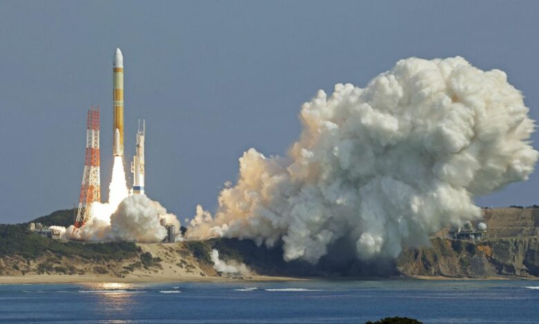 An H3 rocket carrying a land observation satellite lifts off from the launching pad at Tanegashima Space Center on the southwestern island of Tanegashima