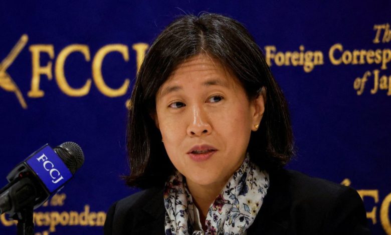U.S. Trade Representative Katherine Tai attends a news conference at Foreign Correspondents' Club of Japan in Tokyo