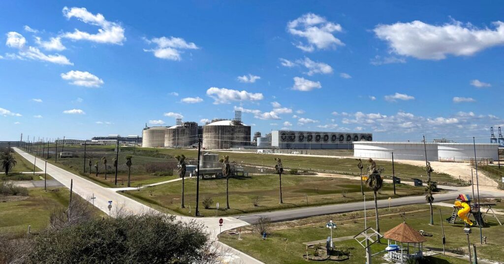 Storage tanks and gas-chilling units at Freeport LNG