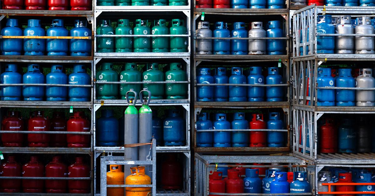 Gas cylinders are stored at at a gas vendor shop in Sint-Pieters-Leeuw