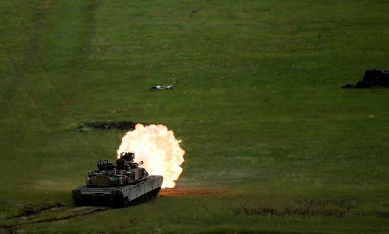 A U.S. Army M1A2 "Abrams" tank fires during U.S. led joint military exercise "Noble Partner 2016" in Vaziani