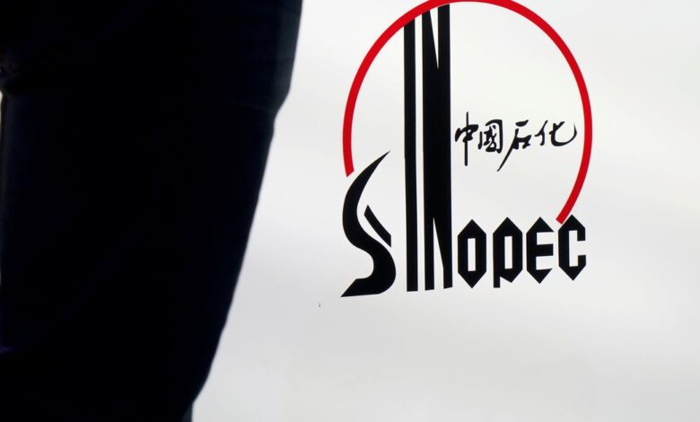 Man stands next to a logo of Sinopec at an expo on rubber technology in Shanghai