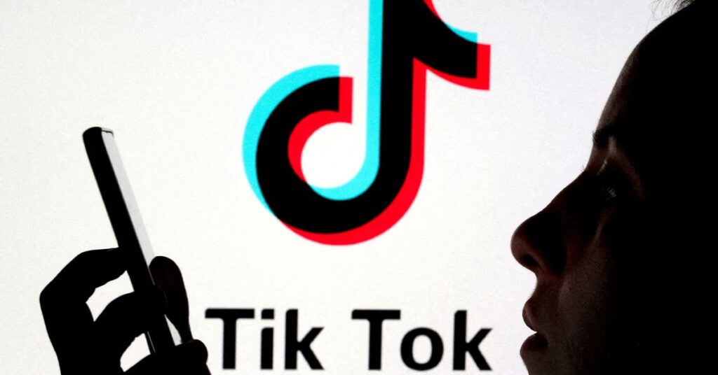 A person holds a smartphone as TikTok logo is displayed behind in this picture illustration