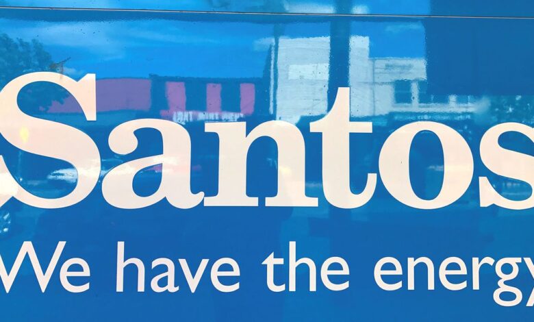 A sign for Santos Ltd is displayed on the front of the company's office building in the rural township of Gunnedah, located in north-western New South Wales