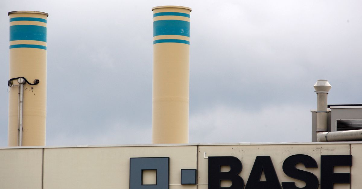 A logo is seen on the facade of the BASF plant in Schweizerhalle