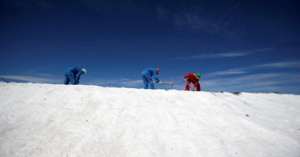 Labourers work at a lithium plant on the Atacama salt flat