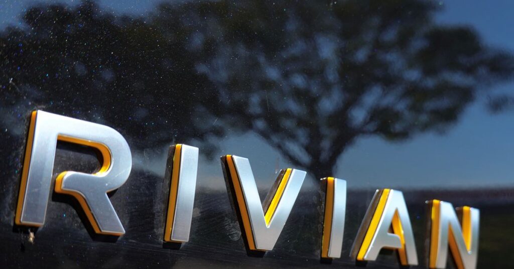 The Rivian names is shown on one of their new electic SUV vehicles in California