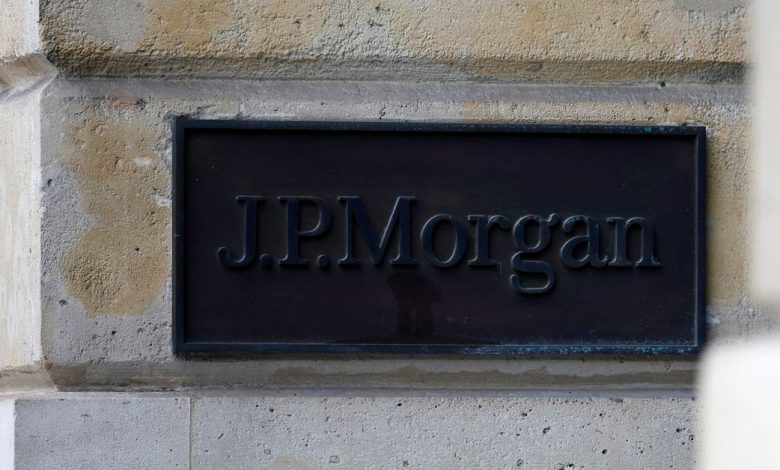 A J.P. Morgan logo is seen in Paris