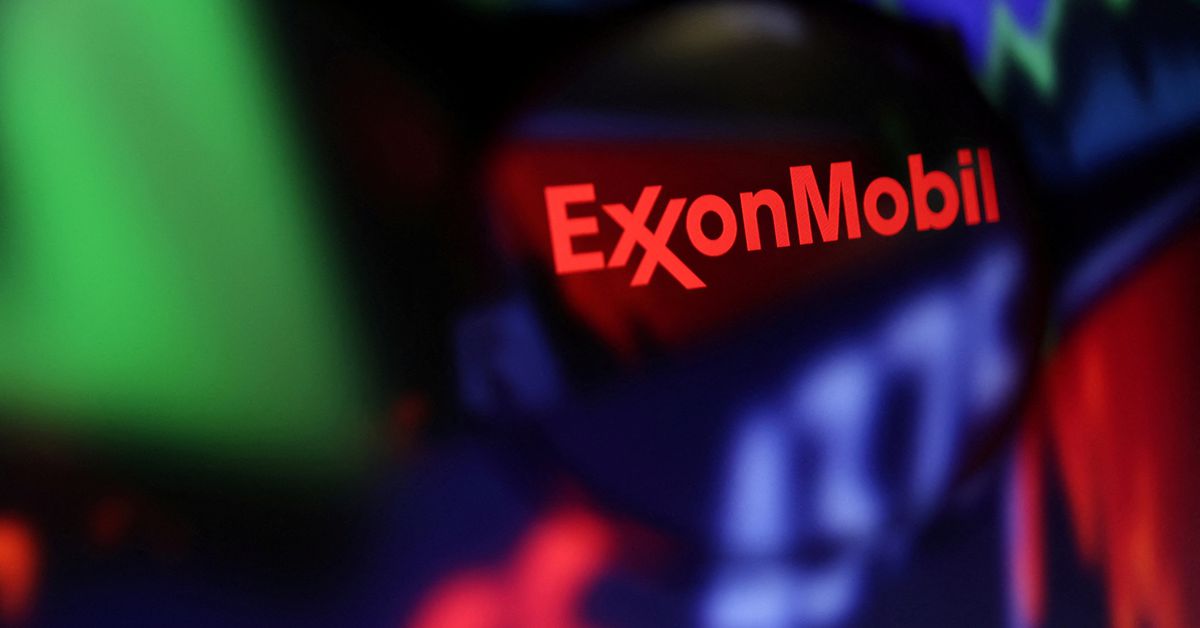 Illustration shows Exxon Mobil logo and stock graph