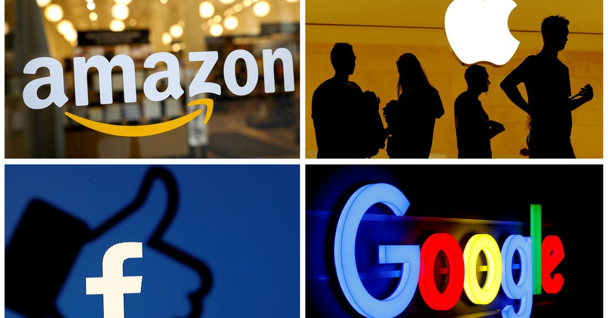 The logos of Amazon, Apple, Facebook and Google