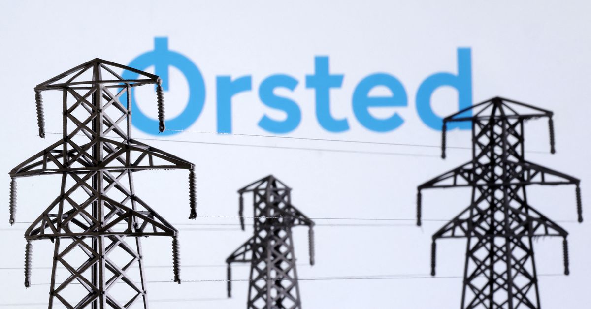 Illustration shows Electric power transmission pylon miniatures and Orsted logo
