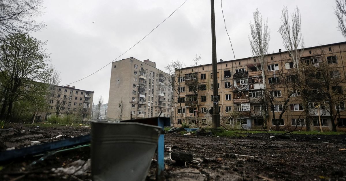 A view shows residential buildings damaged by a Russian military strike in the front line town of Bakhmut