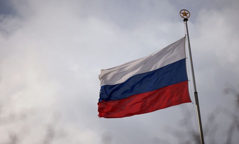 The national flag of Russia flies atop the Russian embassy as Russia's invasion of Ukraine continues in Berlin