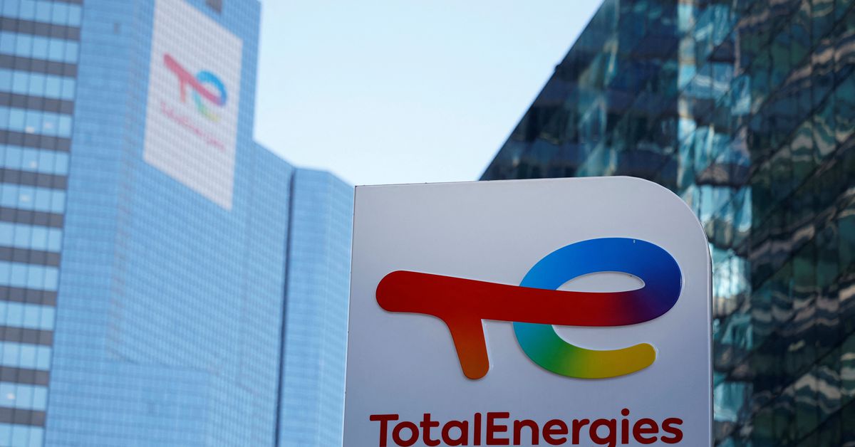 Logo of TotalEnergies at an electric vehicle fuelling station near Paris