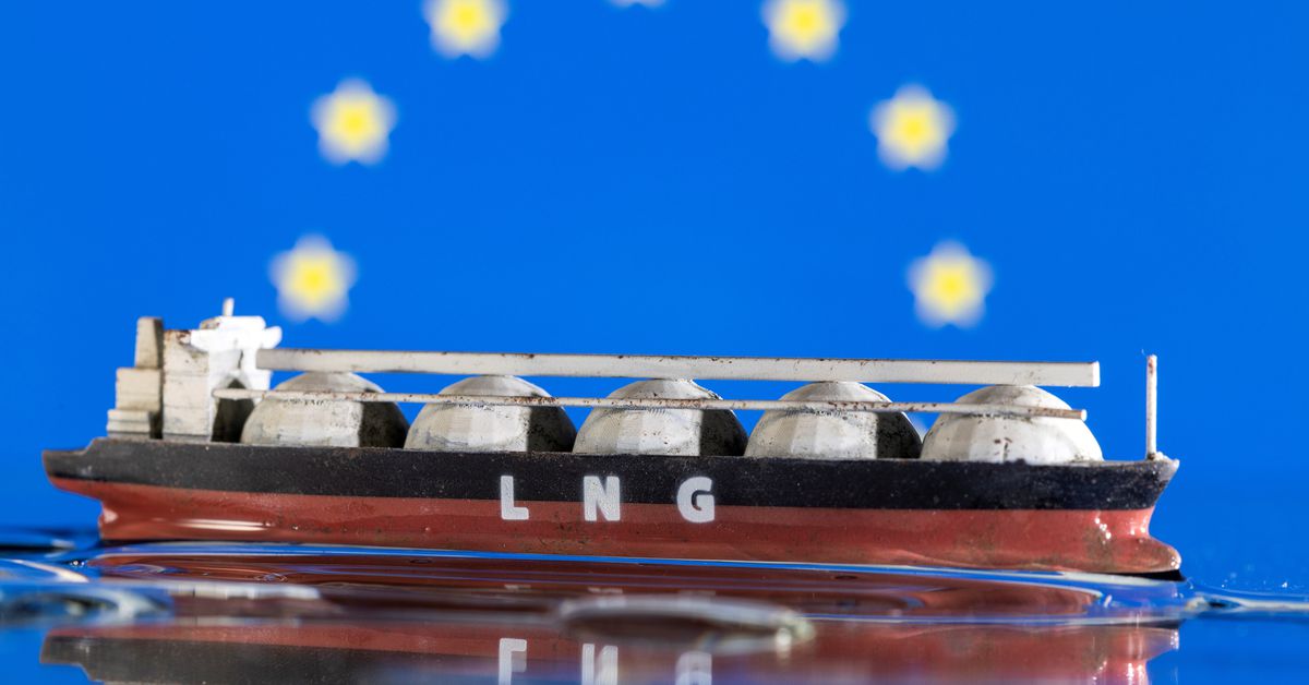 Illustration shows model of LNG tanker and the EU flag
