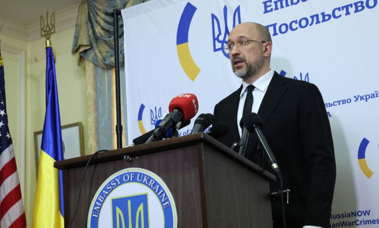 Ukraine Prime Minister Shmyhal at a news conference at the Ukrainian Embassy in Washington