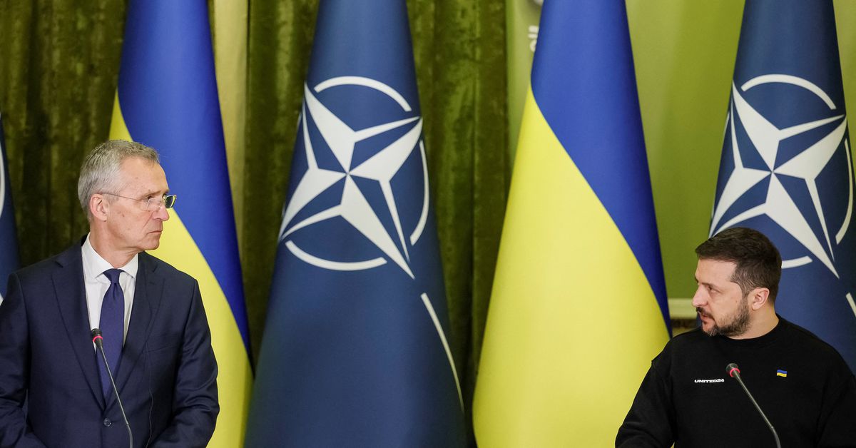 NATO Secretary-General Stoltenberg and Ukraine's President Zelenskiy on a joint news briefing in Kyiv