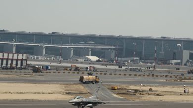 A Turkish Air Force F16 jet lands at a new airport under construction in Istanbul