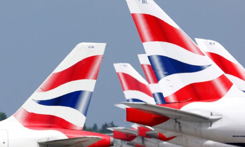 British Airways tail fins are pictured at Heathrow Airport in London