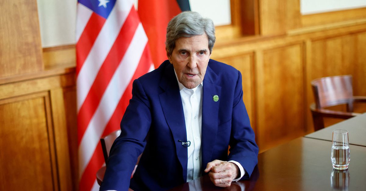 U.S. Special Presidential Envoy for Climate Kerry speaks during a Reuters interview at the "Petersberg Climate Conference" in Berlin