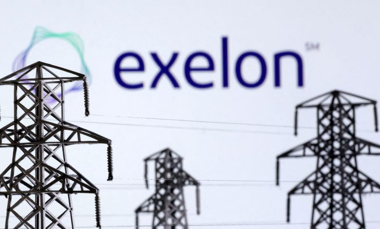 Illustration shows Electric power transmission pylon miniatures and Exelon Corporation logo