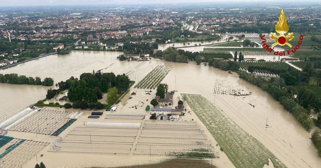 An aerial view shows a flooded area after heavy rains hit Italy