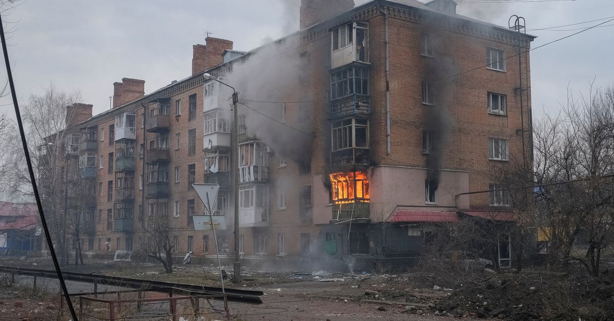 A general view shows a building damaged by a Russian military strike in Bakhmut