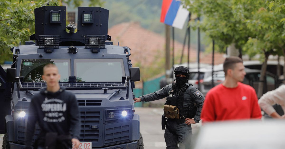 Kosovo special police forces guard the municipal offices in Zvecan
