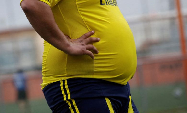 A player is pictured during his "Futbol de Peso" (Soccer of Weight ) league soccer match, a league for obese men who want to improve their health through soccer and nutritional counseling, in San Nicolas de los Garza