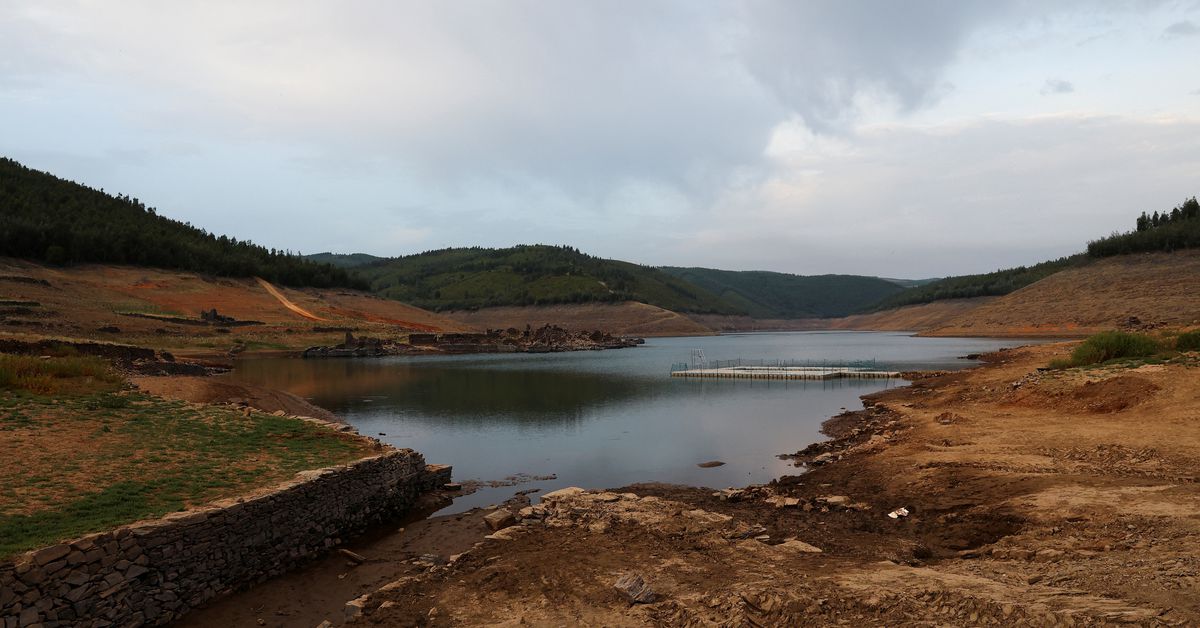 View of a previously submerged village revealed by low water level in Cabril dam reservoir in Pedrogao Grande