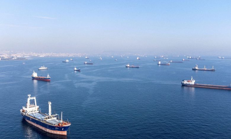 Commercial vessels including vessels which are part of Black Sea grain deal wait to pass the Bosphorus strait off the shores of Yenikapi in Istanbul, Turkey