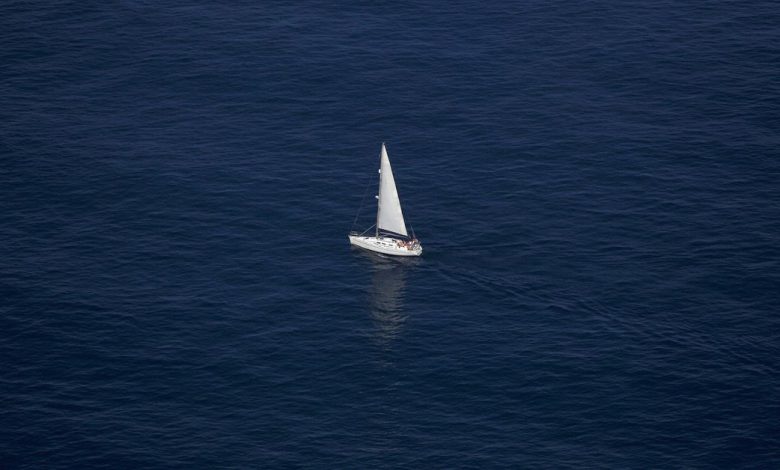 A sailboat is pictured sailing in the Mediterranean sea, from the Rock, in the British overseas territory of Gibraltar, south of Spain
