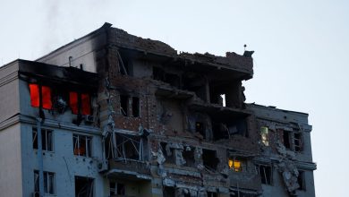 A view shows an apartment building damaged during a massive Russian drone strike, amid Russia’s attack on Ukraine, in Kyiv