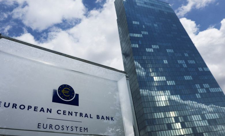 Signage seen outside European Central Bank building in Frankfurt, Germany