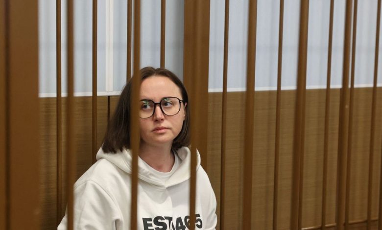 Russian playwright Svetlana Petriychuk, detained on suspicion of justifying terrorism, attends a court hearing in Moscow