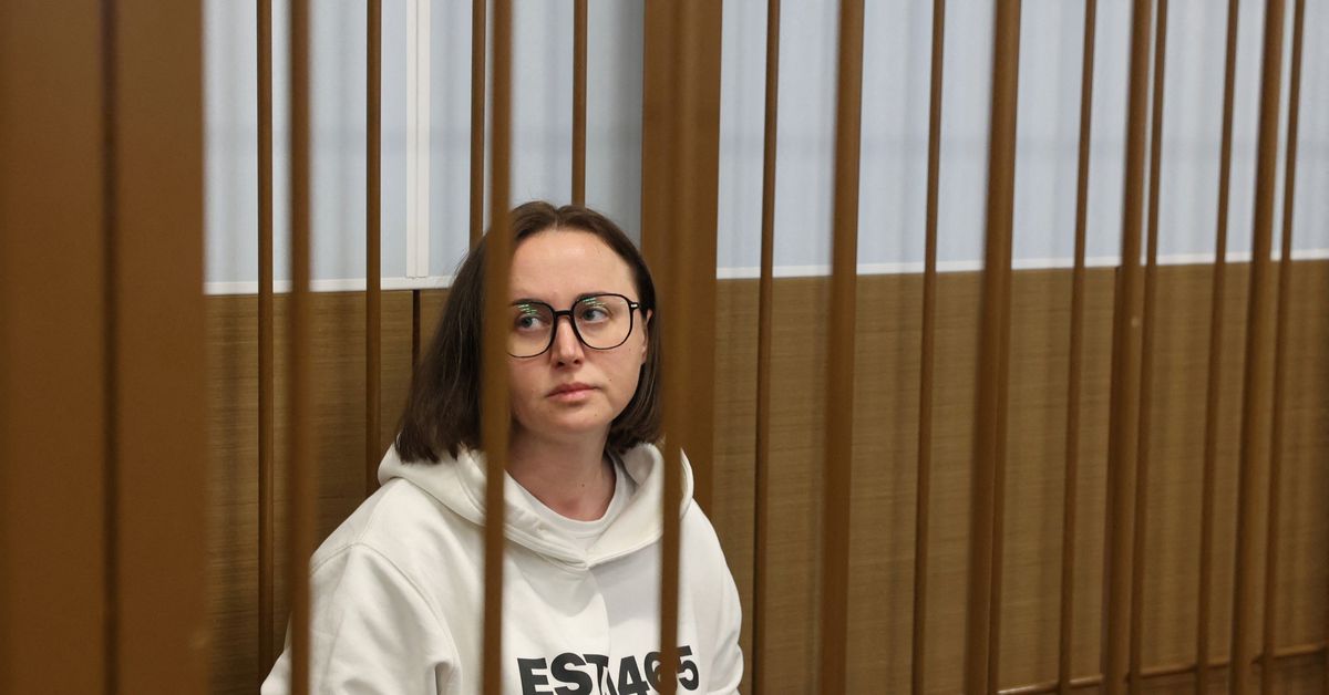 Russian playwright Svetlana Petriychuk, detained on suspicion of justifying terrorism, attends a court hearing in Moscow