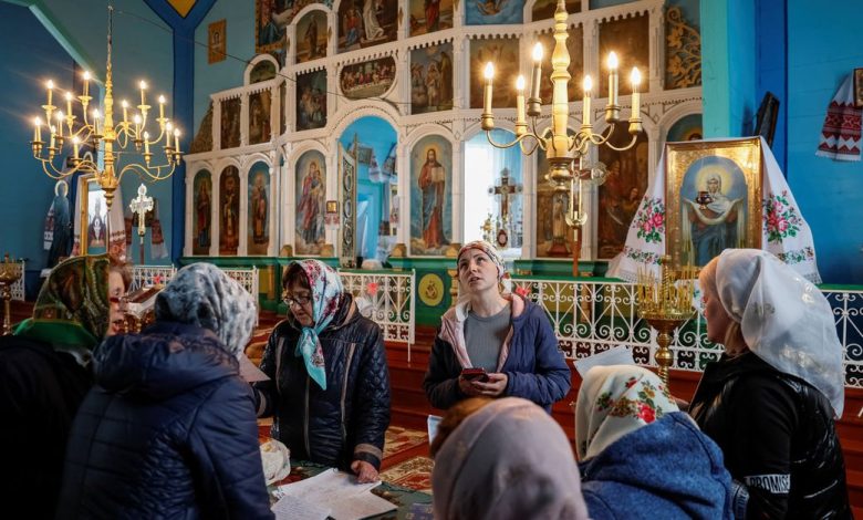Members of the church choir, which switched from the Ukrainian Orthodox Church to the Orthodox Church rehearsing, amid Russia's attack on Ukraine, in the village of Hrabivtsi
